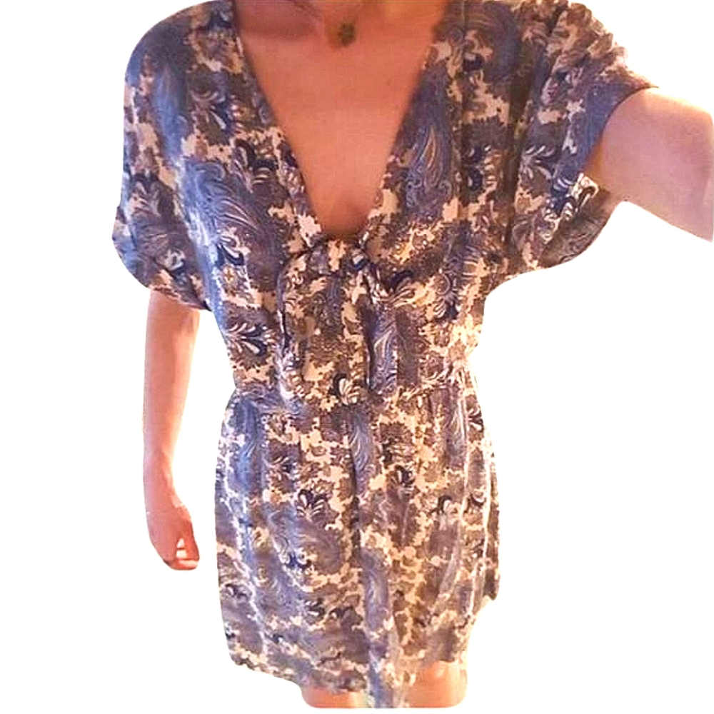H&M Babydoll Dress Blue Cream & Gold Paisley Mini Dress